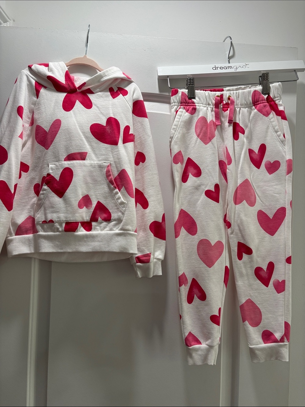 Flapdoodles White Hoodie and Joggers Set with Pink Hearts